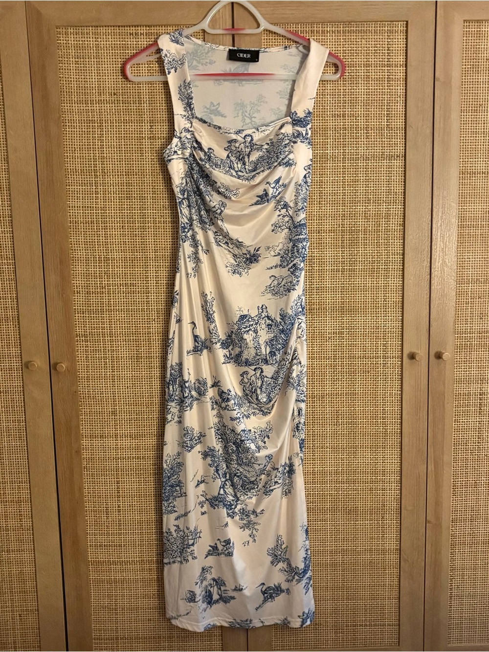 CIDER Toile de Jouy Ruched Split Midi Dres